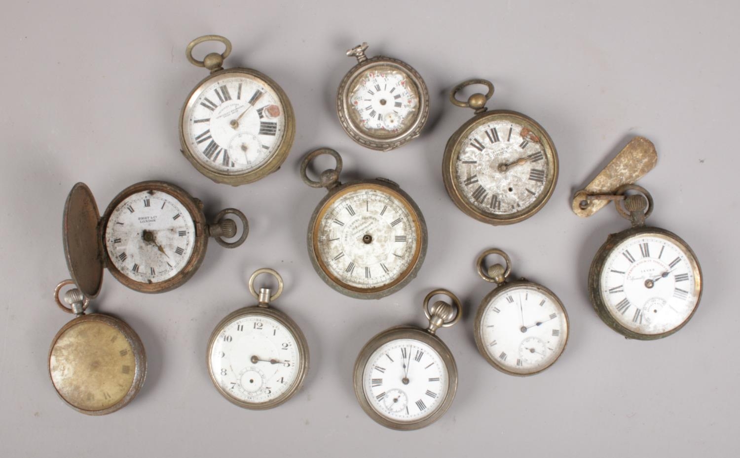 An assortment of ten pocket watches. Includes Paget & Co full hunter, Superior Railway Timekeeper,