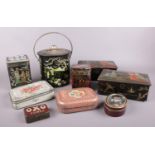 A group of advertising metal tins. Oxo, Fine Fare Choice tea, Heller Confectionery Ltd examples etc