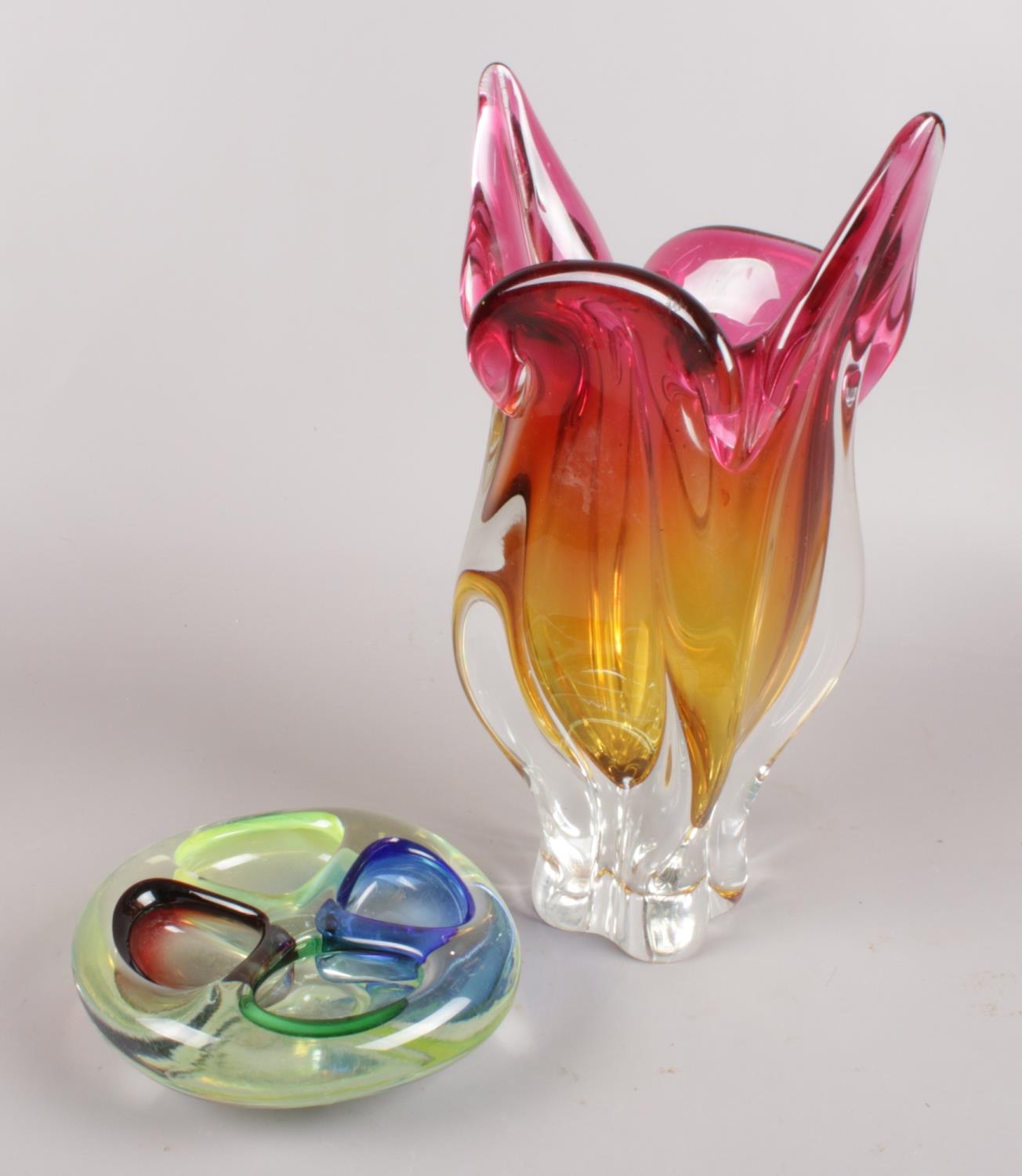 Two pieces of art glass. Includes large vase and multicoloured dish. (vase height 31.5cm)