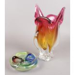 Two pieces of art glass. Includes large vase and multicoloured dish. (vase height 31.5cm)