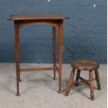 A Oak side table with tapered legs (69cm height 40cm width) & small milking stool on turned supports