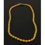 A honey amber necklace each ovoid bead divided with tiny yellow spacers, yellow metal dog clip