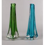 Two White friars three sided vases. Kingfisher Blue & Meadow Green. (23cm height)
