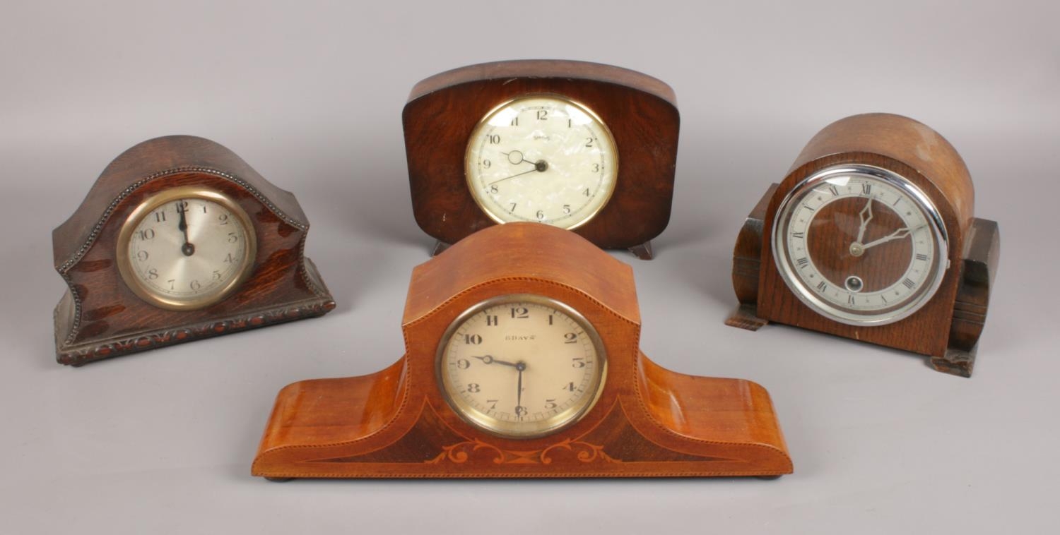 Four mantel clocks. Includes oak Art Deco example, Smiths etc.