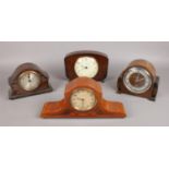 Four mantel clocks. Includes oak Art Deco example, Smiths etc.