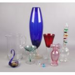 A collection of art glass. Includes Whitefriars jug, large blue glass vase etc.