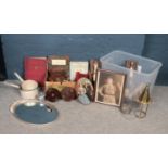 Two boxes of miscellaneous - to include a Picquot ware sugar bowl, a pair of enamel pans, a