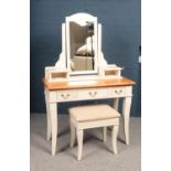 A Pine top, part painted dressing table with stool. (96cm width, 77cm height, 46cm depth)