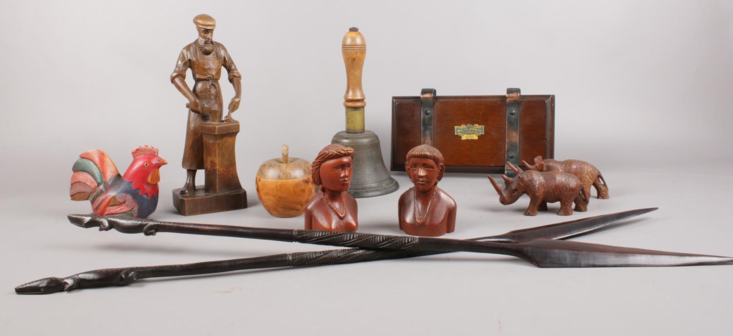 A group of mainly Treen collectables. African hardwood carved spears (71cm length), Ouro Artesania