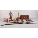 A group of mainly Treen collectables. African hardwood carved spears (71cm length), Ouro Artesania