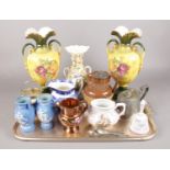 A tray of mostly ceramics. Includes Doulton Lambeth jug, continental vase with applied floral