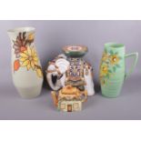 A group of ceramics. Brentleigh ware 'Delwood' vase, Ranleigh 'Alton' vase, Keele pottery teapot