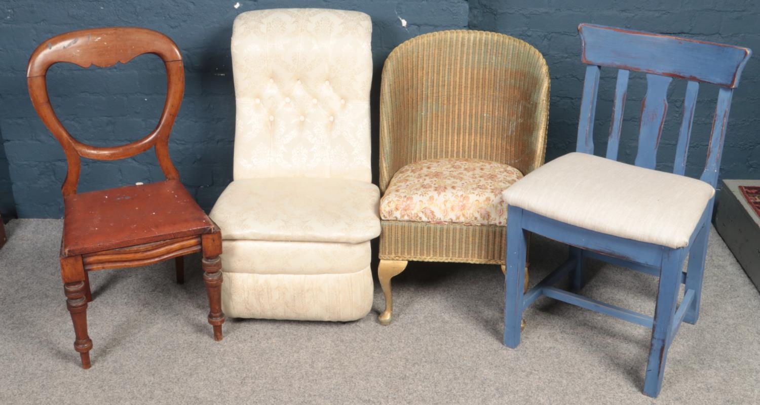 4 individual chairs. Including mahogany balloon back, Lloyd loom, painted example and an upholstered