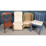 4 individual chairs. Including mahogany balloon back, Lloyd loom, painted example and an upholstered