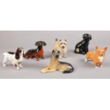 A group of Beswick dog figures. Black Labrador puppy, Dachshund, German Shepherd puppy, Brown