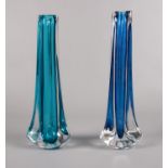 Two Whitefriars three sided vases. Baxter Royal blue & Kingfisher blue. (24cm height)