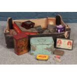 A box of assorted advertising metal tins & wooden boxes. Murrays Erinmore flake, Carnation corn