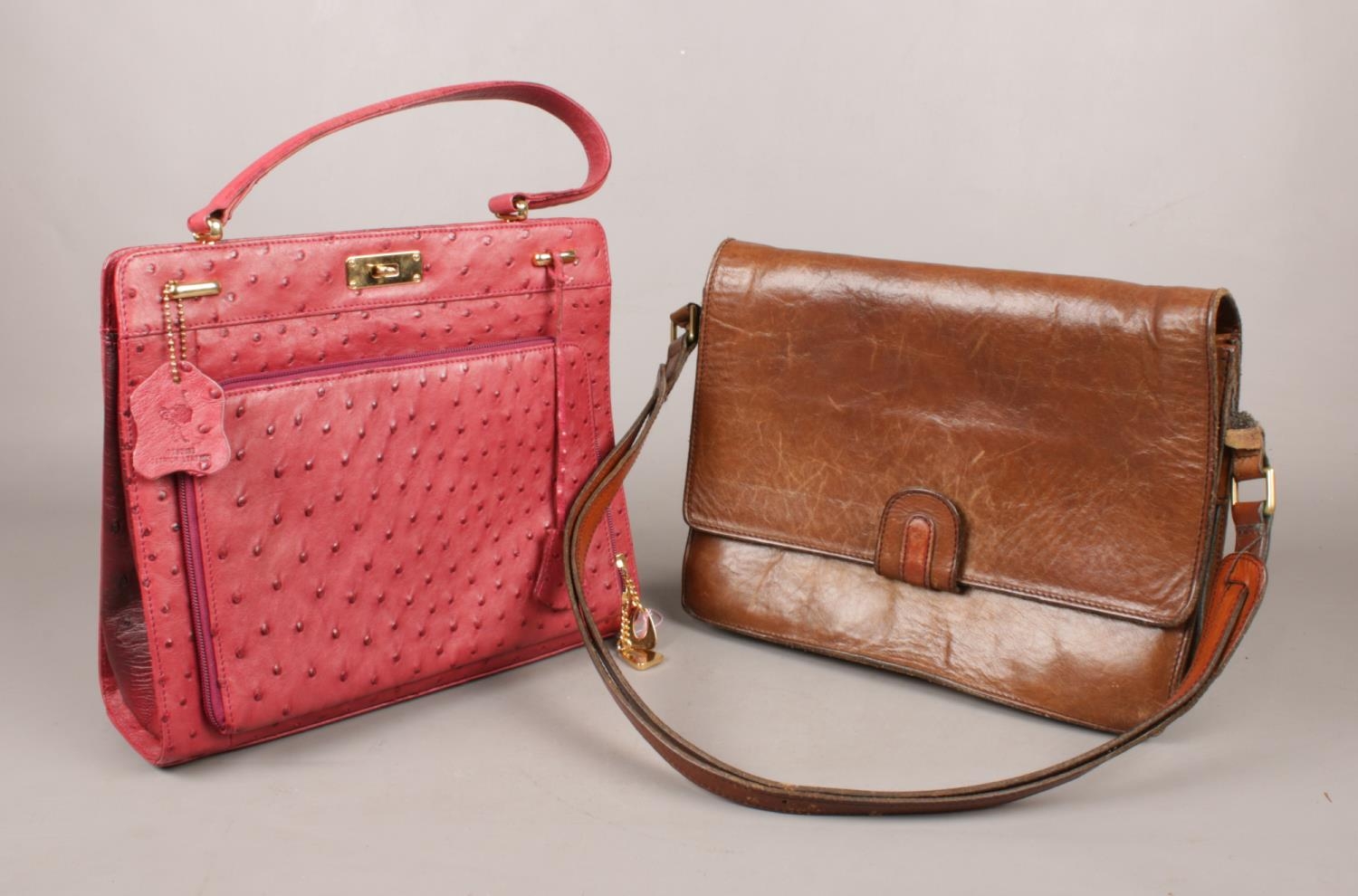 A Braun Buffel ostrich leather handbag, along with a leather satchel type bag.