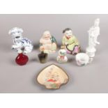 A Selection of Oriental Ceramics - To include three snuff bottles, two bisque figures, a small pin