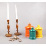 A group of miscellaneous. Carved wooden candlesticks, Wade Tortoise's, SMF Schramberg storage jars.