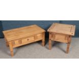 A pine coffee table along with a similar side table.