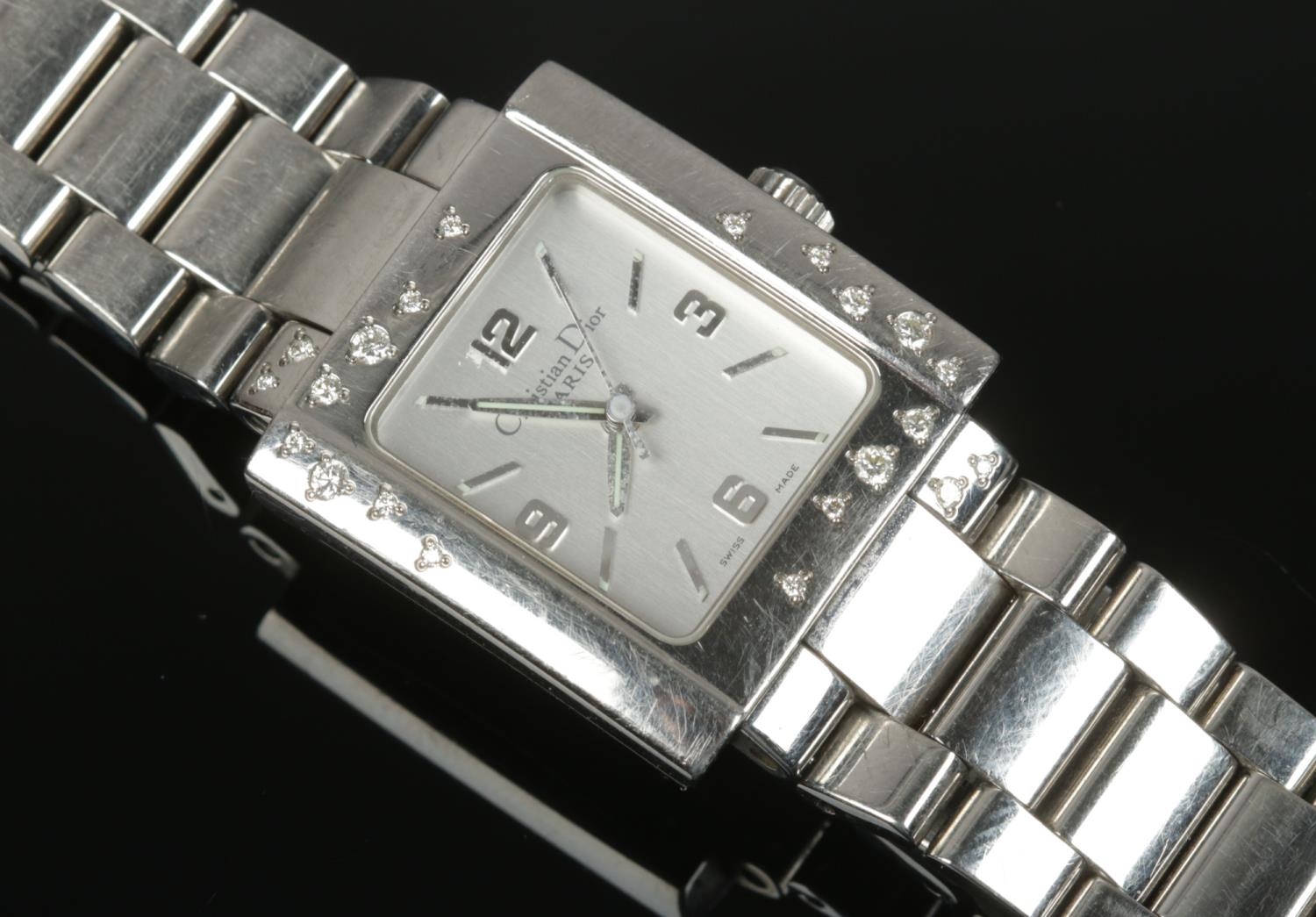 A ladies Christian Dior stainless steel wristwatch set with diamonds.