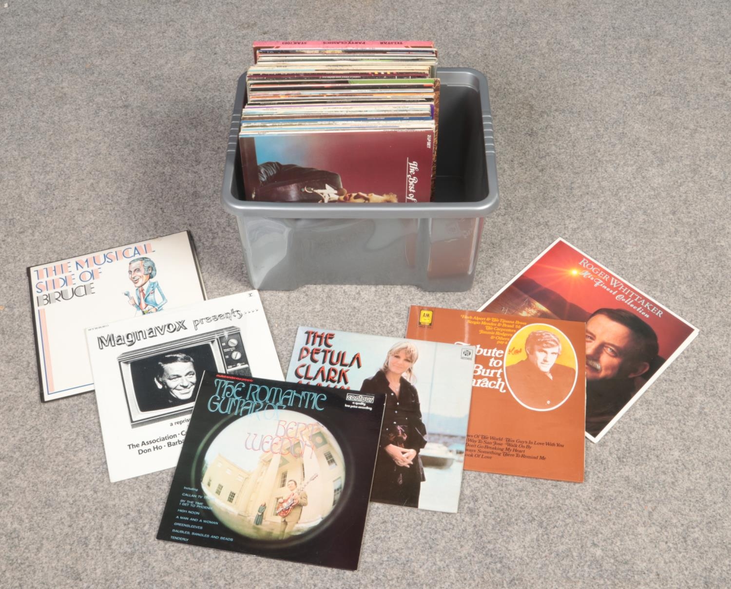 A box of easy listening LP records. Includes Petula Clark, Roger Whittaker etc.