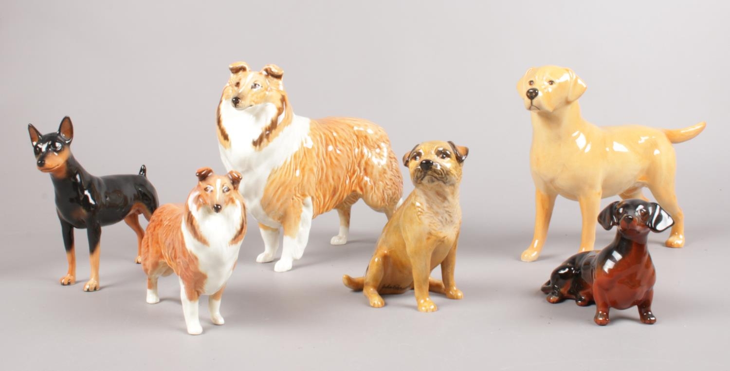 A group of Beswick dog figures. Collie Large & small, Dachshund, Brown Terrier, Mini Pinscher (