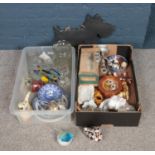 Two boxes of miscellaneous. Includes ceramic animals, art glass, blue and white etc.