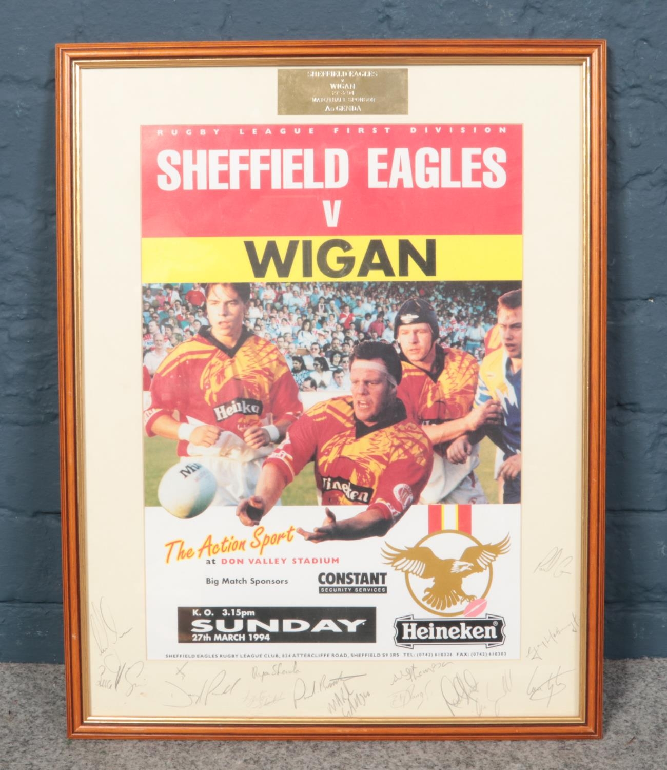 A Sheffield Eagles Rugby League Club Signed framed Poster. Sheffield Eagles v Wigan 27.3.94 Match