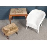 A Lloyd loom child's chair along with a oak upholstered footstool and another stool.