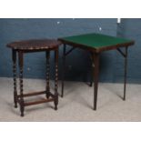 A Mahogany side table with barley twist supports (74x26cm) & a felted card table with foldable legs.