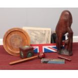 A box of collectables. Uwin cricket ball on a stick knocker, Spear's game vintage Dominoes, Boots