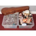 Two boxes of miscellaneous. Various glassware's, violin case, porcelain dolls examples etc.