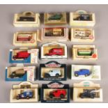 A collection of 15 Lledo die cast vehicles. 1950 Morris Z Van Blue Gillette, Morris Parcel Van