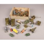 A collection of mostly military diecast vehicles. Includes tinplate tank, Dinky, Lone Star etc.