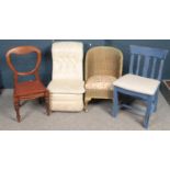 Four individual chairs. Including mahogany balloon back, Lloyd loom, painted example and an