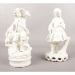 Two Parian figures. A girl with hoop & stick 23cm height, a boy with dog 22cm height.