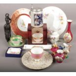 A group of mostly ceramics. Including Royal Crown Derby, Goebel tankard, boxed Royal Albert cup &
