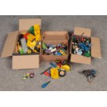 Three boxes of assorted Toys. Lego, Meccano examples.