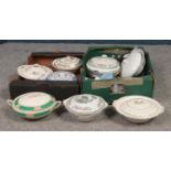 Two boxes of assorted ceramic lidded tureens. Johnson Bros, Myotts, Maddock examples etc.