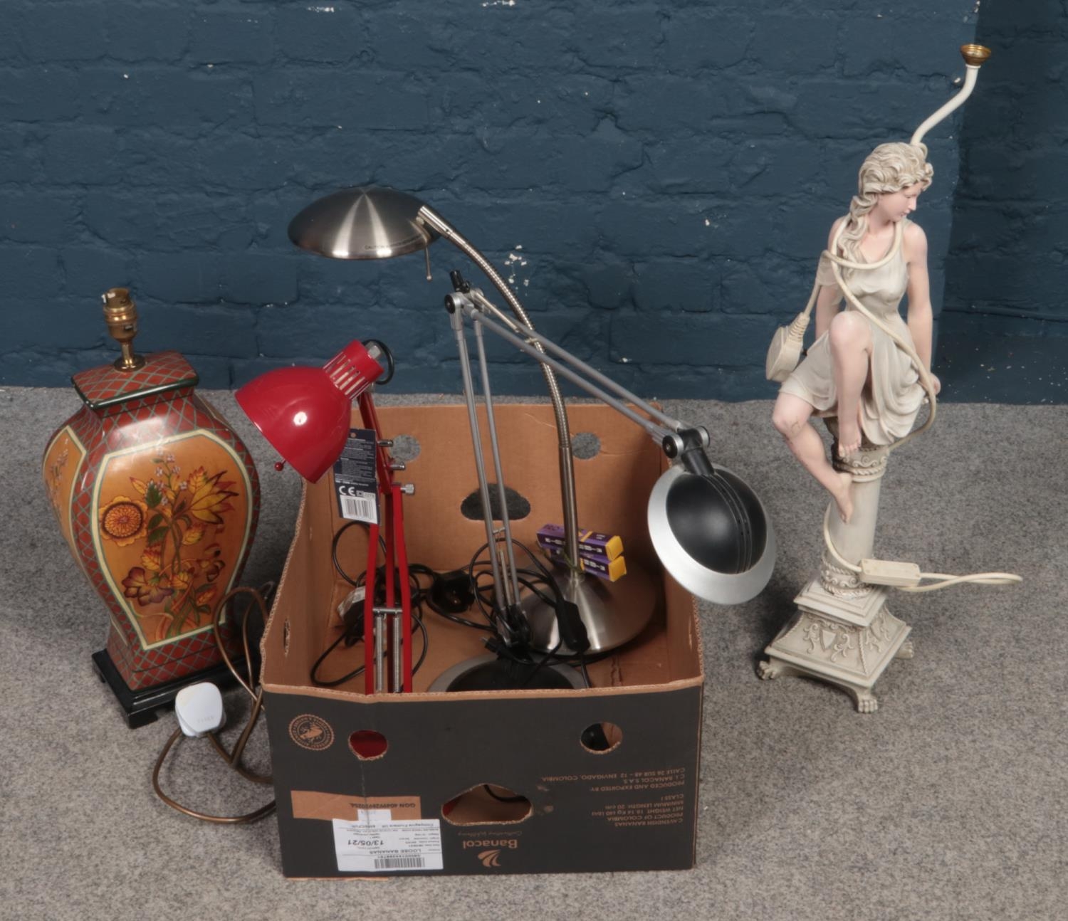 A box of lamps. Includes modern angle poise examples, figural etc.
