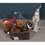 A box of lamps. Includes modern angle poise examples, figural etc.