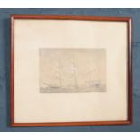 A small framed pencil sketch of a ship. (10.5cm x 16cm). Frame backing loose.