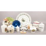 A collection of mostly named ceramics. Comprising of a Portmeirion 'Botanical Garden' clock, a