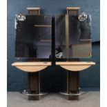 A pair of beechwood effect and anthracite metal mesh hairdressing work stations, each unit comprises