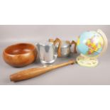 A box of miscellaneous. Includes Piquot ware, globe on stand, wooden bowl and a juggling club.