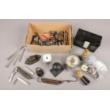 A box of collectables. Includes costume jewellery, propelling pencils, pen knives etc.