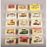 A collection of 15 Lledo die cast vehices. 1934 MAC Canvas Back truck (Green King), 1932 Ford