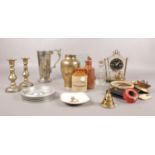 A group of collectables. Silver plated tankard, Bourne Denby stoneware inkwell, brass candlesticks